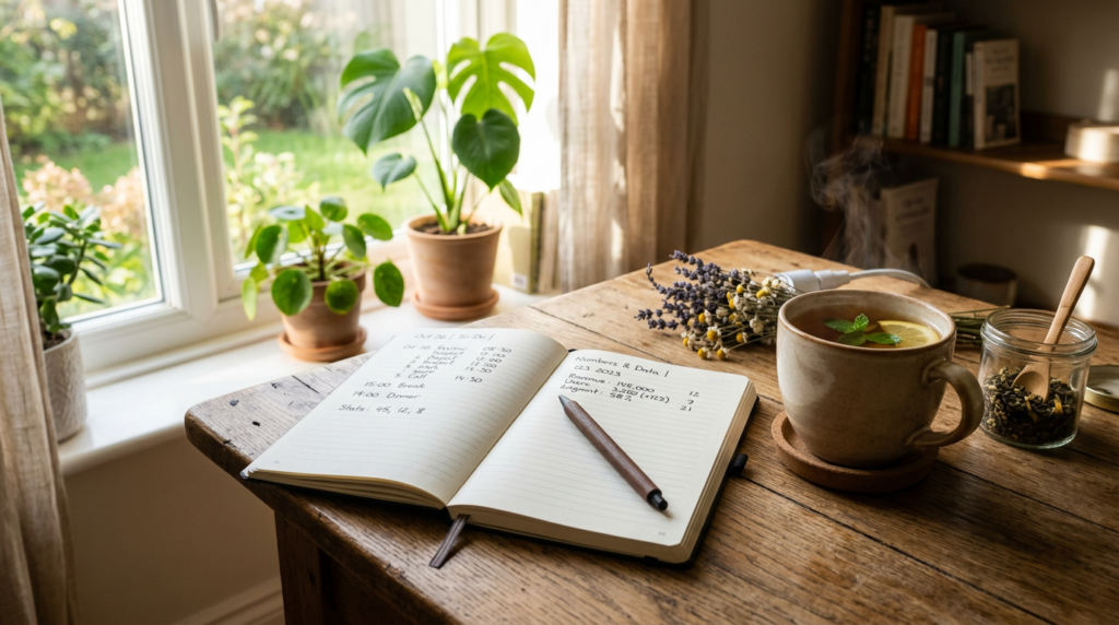Open notebook with handwritten notes beside steaming cup of tea and potted plants on wooden table by window